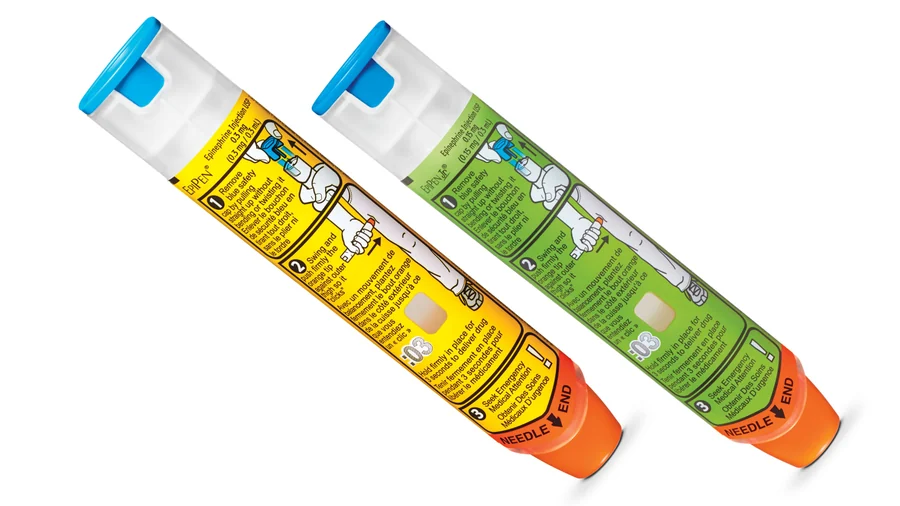 EpiPen and EpiPen Jr epinephrine auto-injectors showing the blue safety cap and orange needle end, with the three usage steps printed on each device